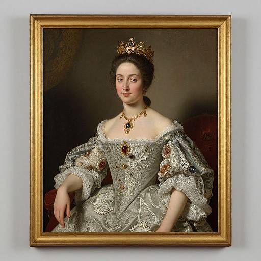 Photograph of a framed, classical painting depicting a regal woman in an ornate, off-shoulder, silver gown with intricate embroidery, wearing