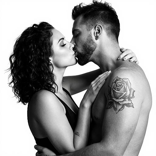 Black-and-white photograph of a couple kissing, the man with a rose tattoo on his shoulder, both shirtless, arms around each other.