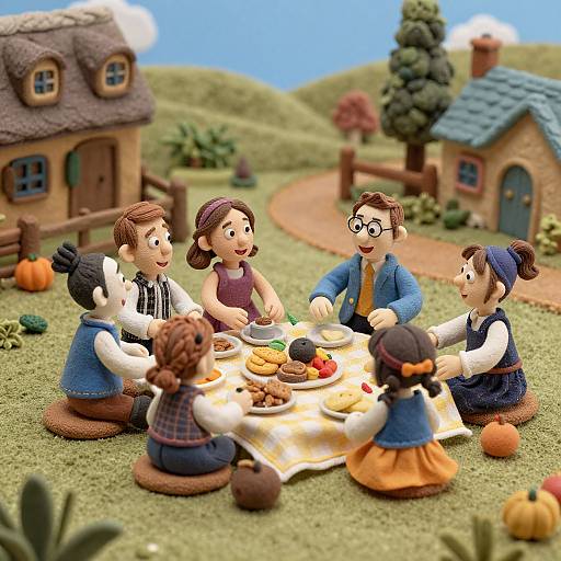 Digital 3D illustration of six children with diverse hair colors and styles, sitting in a grassy village setting, having a picnic with colorful food and