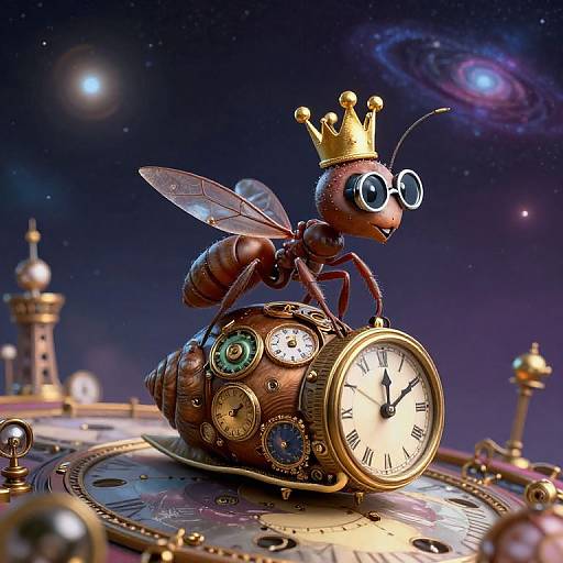 Whimsical 3D CGI: An anthropomorphic red ant with a gold crown and large glasses, perched on a steampunk clock,