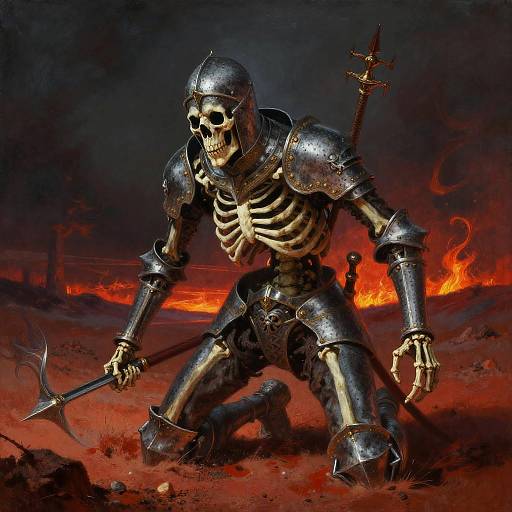 Digital artwork of a skeletal warrior in gleaming armor, wielding a battle axe, kneeling amidst a fiery, apocalyptic battlefield.