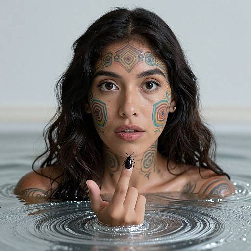 Photograph of a tattooed woman with long black hair, large dark eyes, and intricate face paint, raising a finger with a black beetle on it