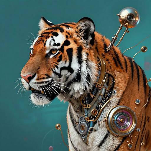 Digital art of a tiger with cybernetic enhancements, featuring metallic spheres and gears, against a teal background. The tiger's fur is vividly orange