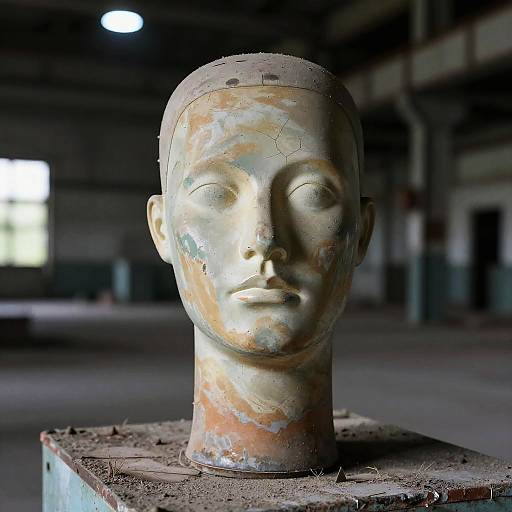 Photograph of a weathered, cracked plaster head sculpture with a neutral expression, displayed on a concrete block in a dimly lit, industrial warehouse with