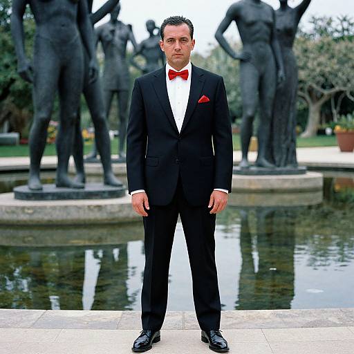 Photograph of a Caucasian man in a black tuxedo with red bow tie and pocket square, standing in front of a statuesque fountain in a