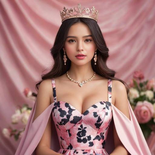 Elegant Beauty Queen in Pink Floral Dress