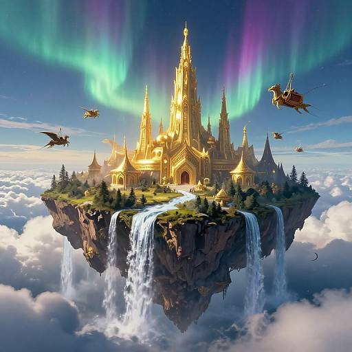 Fantasy digital artwork of a glowing, fairy-tale castle on a floating island with waterfalls, surrounded by flying dragons and aurora borealis.
