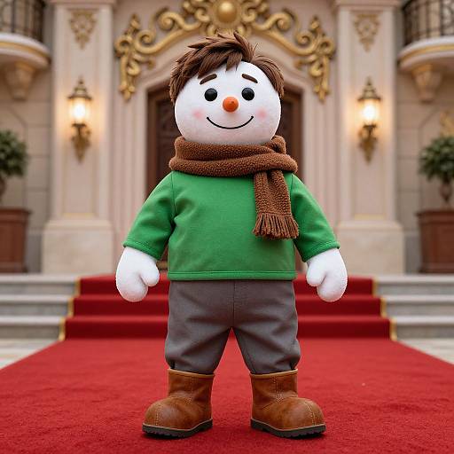 Photograph of a cheerful snowman mascot in green shirt, brown scarf, gray pants, and brown boots standing on a red carpet in front of an