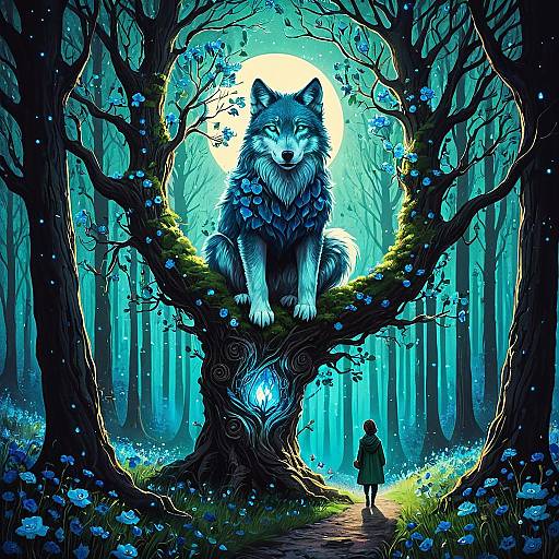 Mystical Forest with Friendly Wolf on Enchanted Tree