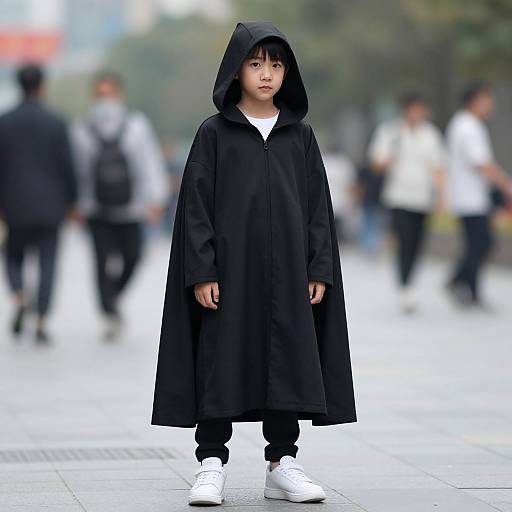 Photograph of an Asian child with short black hair, wearing a long black hooded cloak, white shirt, black pants, and white sneakers, standing
