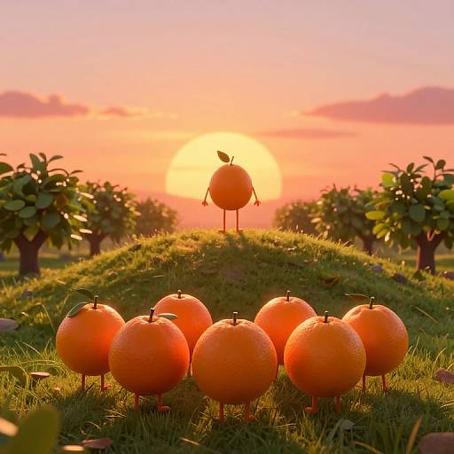 Photograph of vibrant orange fruits on small stakes in a sunlit orchard at sunset, with a pink and orange sky.