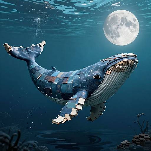 Digital illustration of a mosaic whale with geometric tiles swimming under a glowing full moon in a dark blue ocean.
