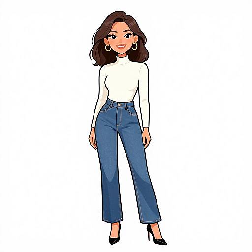 Digital illustration of a stylish woman with medium skin tone, brown shoulder-length hair, white long-sleeve top, blue high-waist pants,