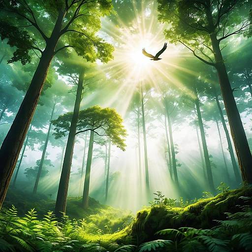 Sunlit Forest with Bird in Flight