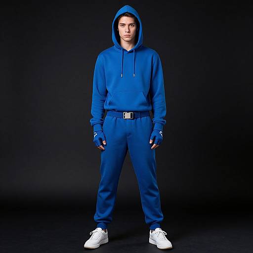 Photograph of a young man in a blue hoodie, matching pants, black belt, white sneakers, and blue gloves, standing against a black background.