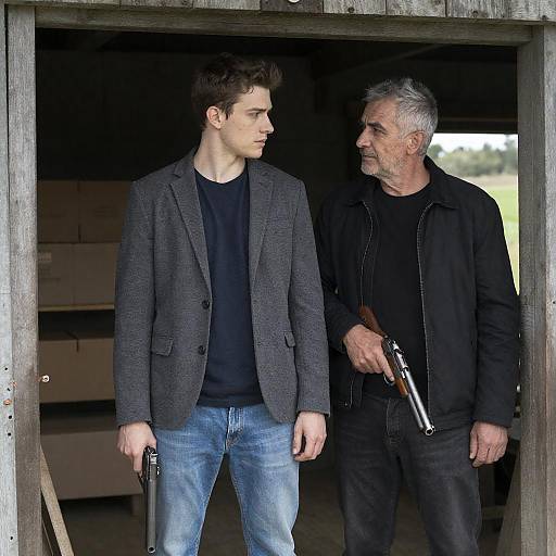 Two Men Holding Guns in Rustic Shed