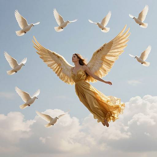 Photograph of a winged woman in a golden dress, surrounded by white doves, floating against a blue sky with fluffy clouds.