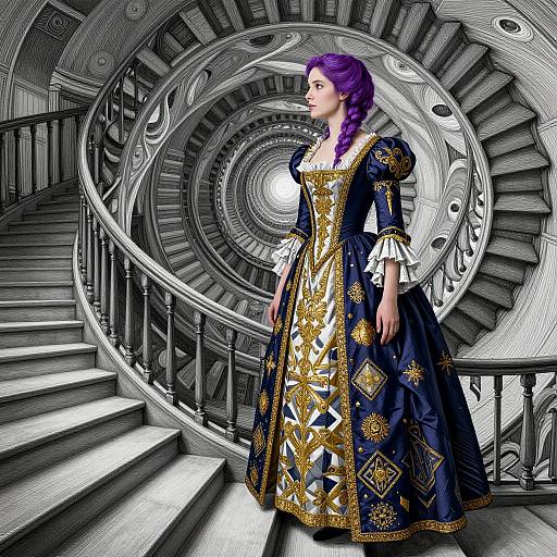 Digital illustration of a woman with purple braided hair, wearing an ornate navy blue and gold dress, standing on a spiraling staircase with intricate,