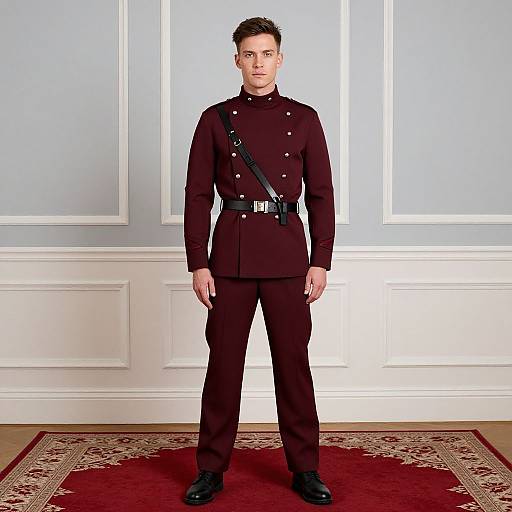 Photograph of a young man in a formal, dark maroon military uniform with black belt and strap, standing in a room with white paneled walls