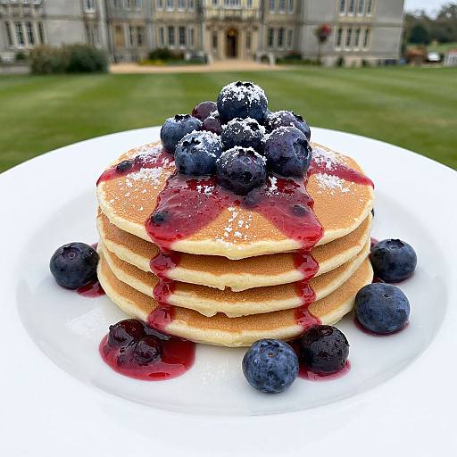 Photograph of stacked pancakes with blueberries, drizzled with blueberry syrup, and powdered sugar, on a white plate, in front of a