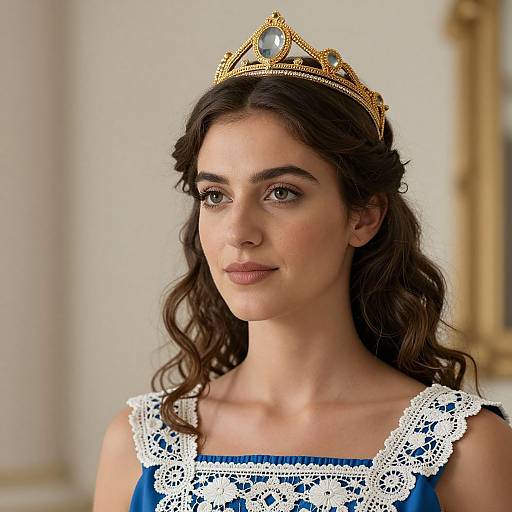 Photograph of a young woman with fair skin, dark wavy hair, wearing a gold tiara, blue dress with white lace trim, and subtle