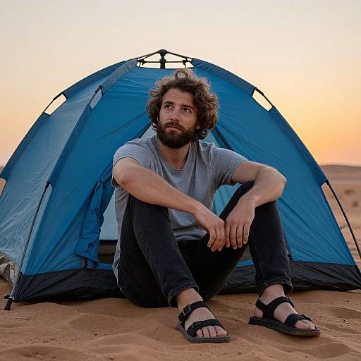 Bearded Man Camping at Desert Sunset