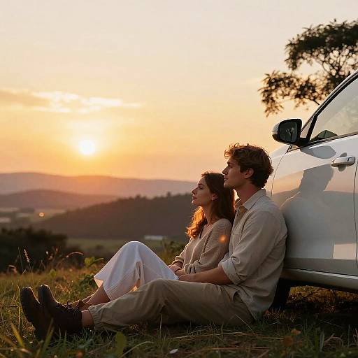 Photograph of a couple sitting beside a white car at sunset, with golden light, rolling hills, and a tree in the background.