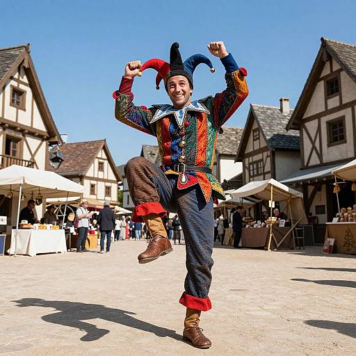 Vibrant Medieval Jester Performing Tricks