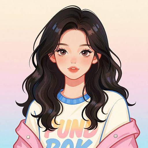 Digital anime-style portrait of a young woman with long black wavy hair, fair skin, wearing a white 