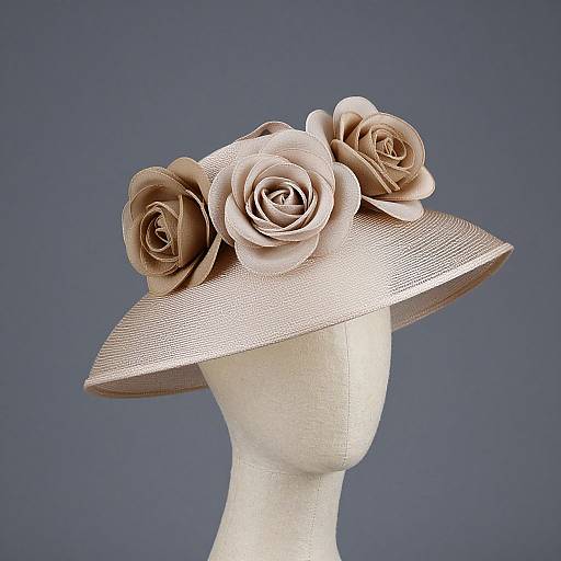 Photograph of a beige, fabric-covered, three-dimensional head mannequin wearing a wide-brimmed, textured hat adorned with three large, paper
