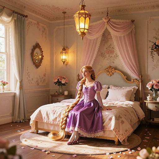 Photograph of a blonde woman in a purple princess dress sitting on an ornate, flower-adorned bed in a sunlit, vintage bedroom.