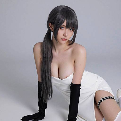 Photograph of an Asian woman with long black hair in pigtails, wearing a white strapless dress, black gloves, and a black garter
