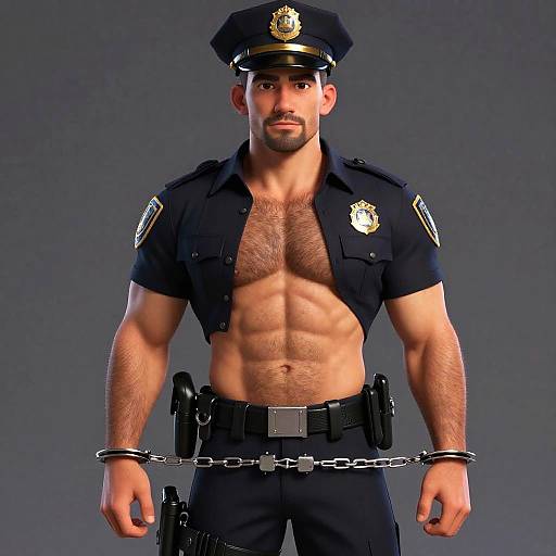 Muscular Mature Policeman in Open Uniform