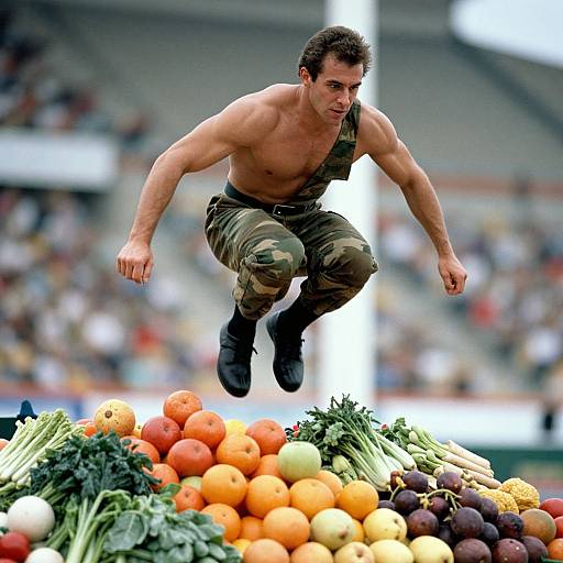 Muscular shirtless man with camo pants jumps over a colorful pile of fruits and vegetables in a stadium. Photographic image.