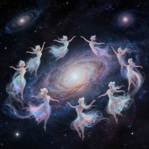 Digital art of ethereal, glowing female spirits dancing around a bright, colorful spiral galaxy in a starry, dark space backdrop.