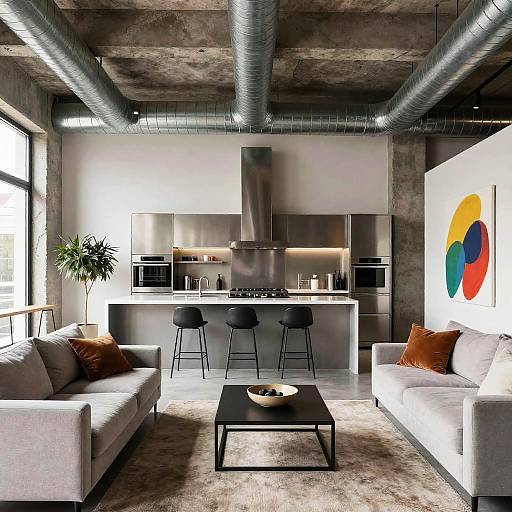 Modern industrial living room photograph with exposed concrete ceiling, metallic kitchen, gray sofas, abstract colorful painting, black bar stools, and air ducts.