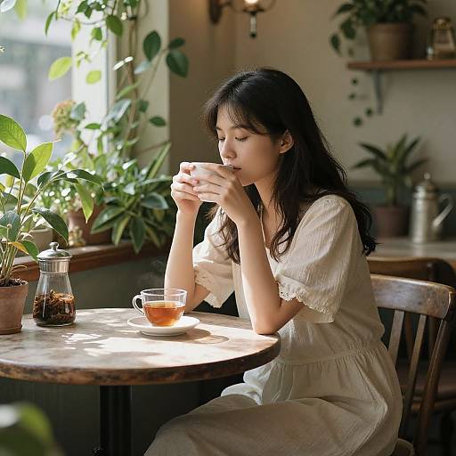 Photograph of an Asian woman with long black hair, sipping tea in a sunlit, plant-filled café, wearing a white, short-slee