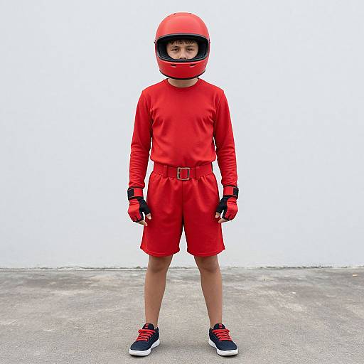 Photograph of a young boy in a bright red full-body outfit, helmet, gloves, and sneakers, standing on a concrete surface against a white background