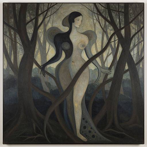 Art Nouveau painting of a nude, fair-skinned woman with black hair, standing amidst dark, twisted trees, illuminated by a soft, ethereal