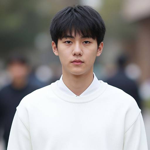 Photograph of an East Asian young man with straight black hair, wearing a plain white shirt, standing outdoors with a blurred background. Serious expression, soft