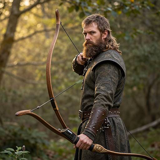 Photograph of a bearded, long-haired man with a serious expression, holding a wooden bow in a sunlit forest. He wears a dark,
