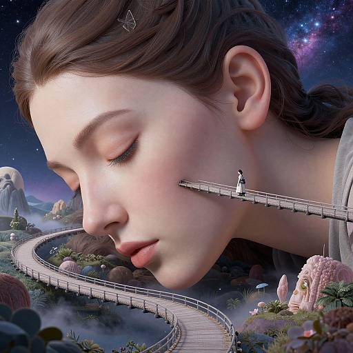 Digital art of a giant woman's face with closed eyes, holding a tiny person on a bridge over a whimsical, starry landscape.