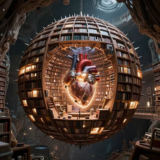 CGI fantasy image of a metallic, spiked, spherical library with glowing heart at center, surrounded by bookshelves and dimly lit, intricate architectural