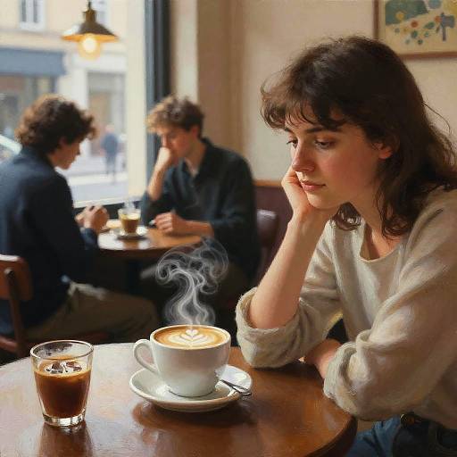 Photograph of a thoughtful young woman in a white sweater, sipping coffee at a wooden table, with steaming latte and glass of iced
