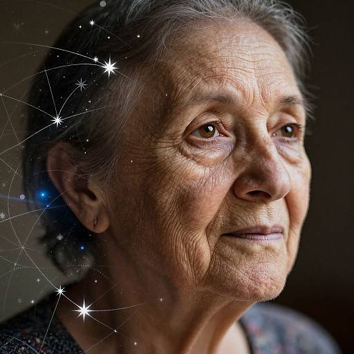 Close-up photograph of an elderly woman with wrinkled skin, brown eyes, and gray hair, illuminated by sparkling star-like patterns.