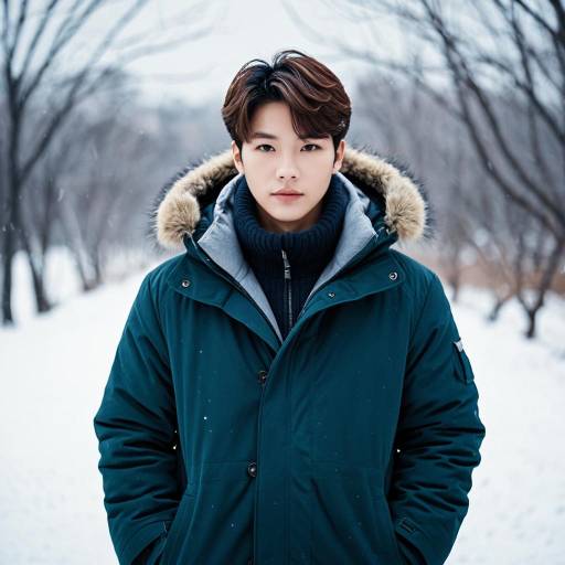 Young Korean Man in Winter Coat Outdoors