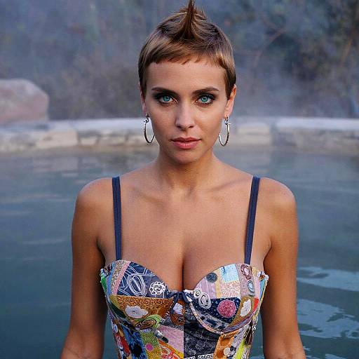 Photograph of a short-haired, blue-eyed woman with small hoop earrings, wearing a colorful, patterned, strapless top, standing in a mist