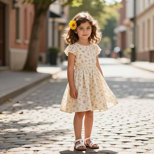 Photograph of a young girl with curly brown hair, wearing a floral dress and white sandals, standing on a sunlit cobblestone street with a