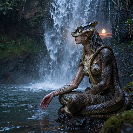 Digital art: Scaly, anthropomorphic female lizard with human-like breasts, sitting in a forest stream, water cascading, moonlight reflection, moss
