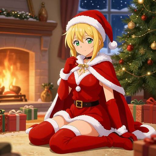 Anime Blonde Santa Near Christmas Tree